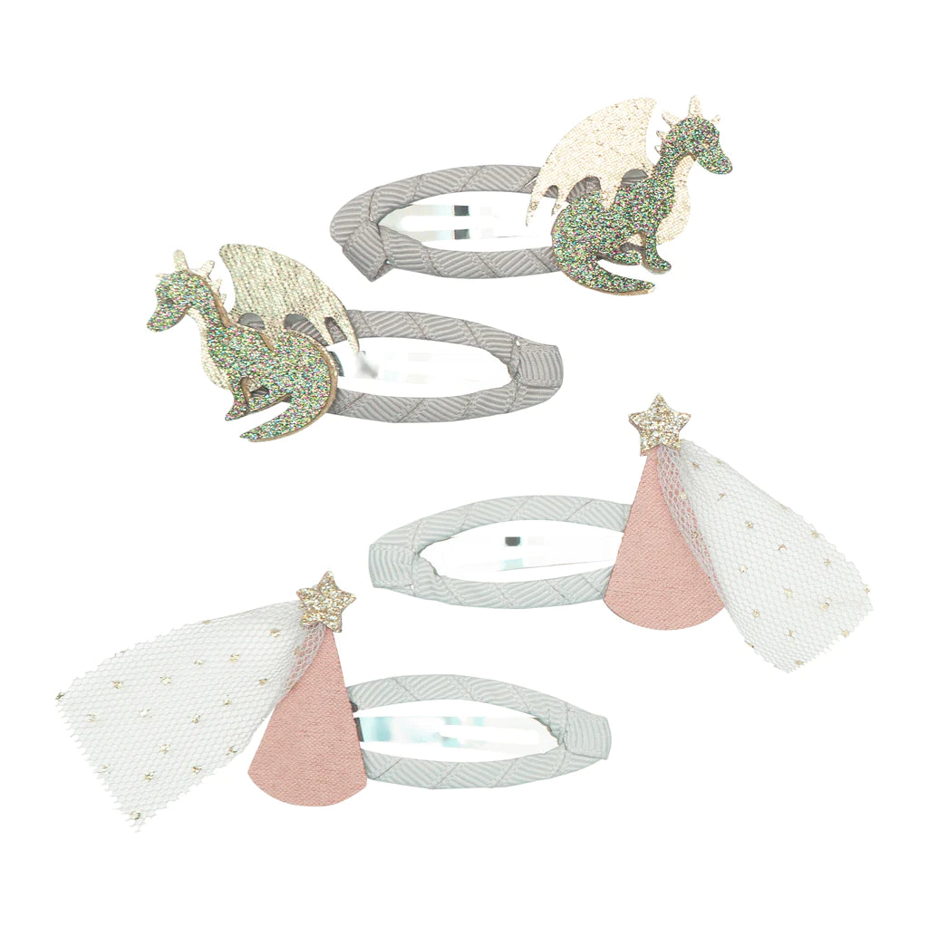 A magical match made in hair heaven! These dainty little dragon and princess hat hair clips are as perfect for parties as they are for everyday fairytale play!  • 4 in a pack • 5cm grosgrain ribbon wrapped clic clac clips • Dainty dragons crafted from soft metallic and fine glitter fabrics • Princess hats crafted from soft pink and gold glitter fabrics with a gold speckled white tulle • Warning! Not suitable for children under 36 months