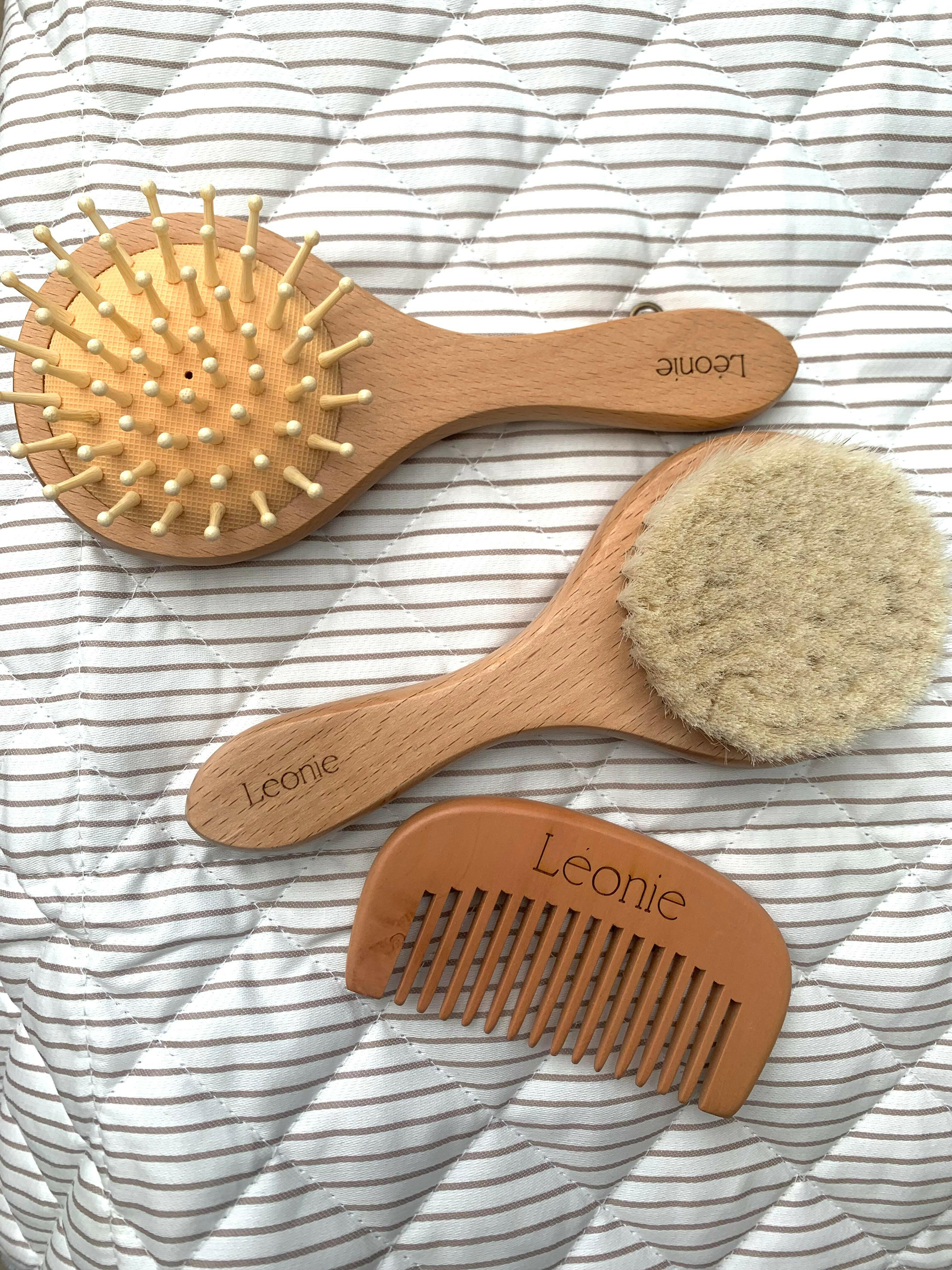 Baby Brush Set for gift baskets. Beech wood and 100% natural goat hair. Baby Bath Brush. Ships to Canada & US Duty Free