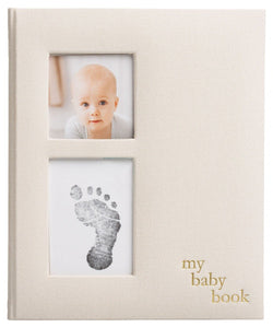 Includes over 50 fill-in pages and clean-touch ink pad Photo insert: 3" x 3" Gray linen cover makes this great for a baby boy or baby girl The cover includes openings for both your baby's photo and print 100% baby safe Easily create your baby's precious print with the included clean-touch ink pad ensuring the baby's piggies never touch the ink