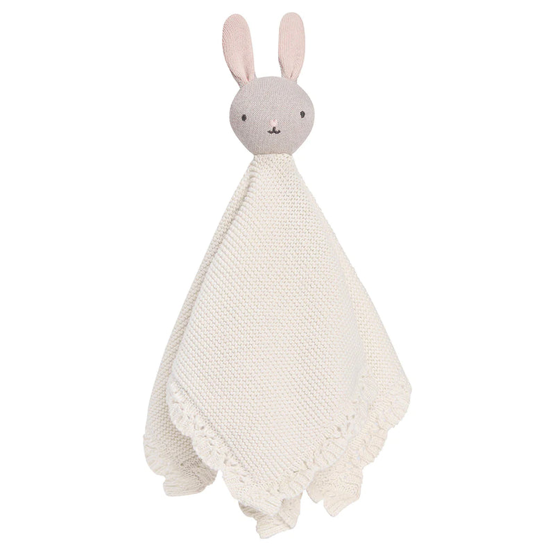 Made from organic cotton and organic dyes, our bunny&nbsp;cuddle cloth&nbsp;is soft on your little one's skin and kind to the environment. The recycled polyester filling means this toy is lightweight and&nbsp;the knitted cloth gives a sensory element whilst being&nbsp;soothing and snuggly. Ships to Canada & US duty free.