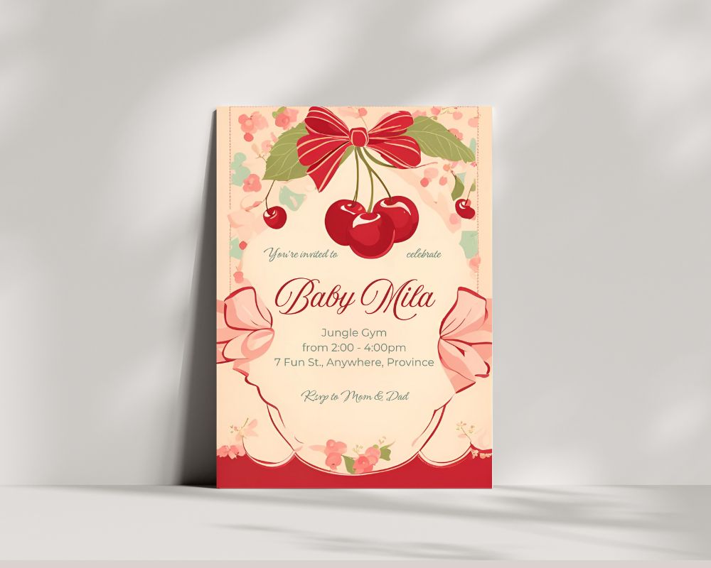 Cherries + Bows Digital Invitation | Instant Download & Editable in Canva