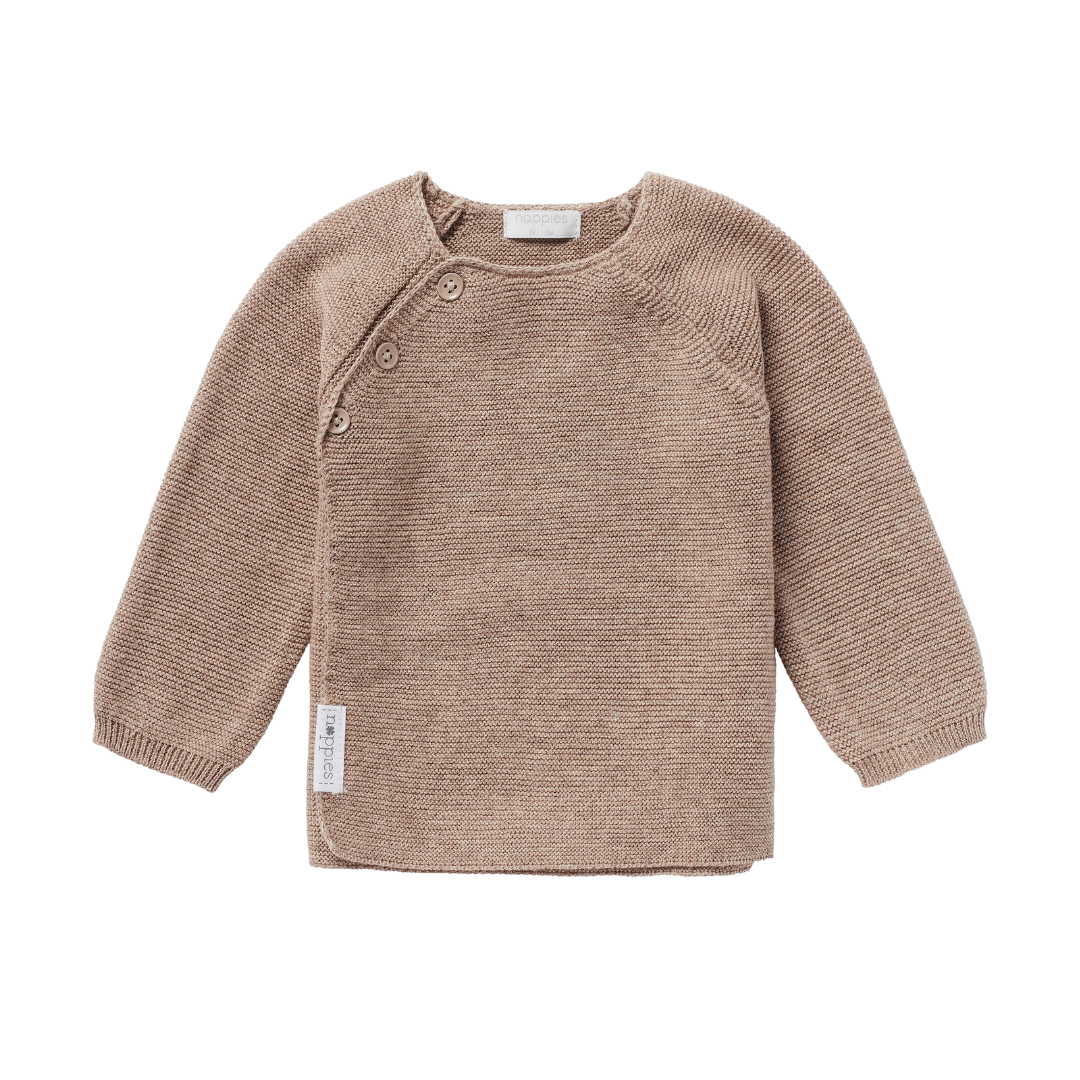 GOTS noppies Taupe Baby Cardigan Sweater. Matching Pants. Neutral Mama inspired outfit for baby. Gender Neutral Gifting. Made in Germany. Free Shipping over $100 in Canada and United States. Duties Included.