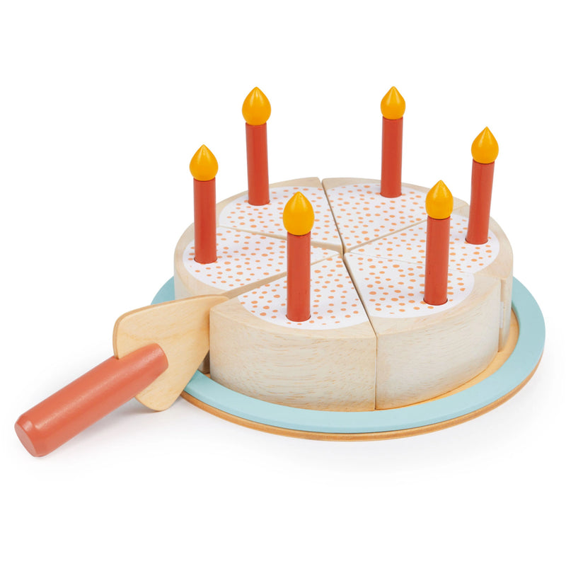 This wooden cake toy set includes a 6-piece, sliceable cake with velcro, 6 pretend candles, a tray and a toy cake slicer.