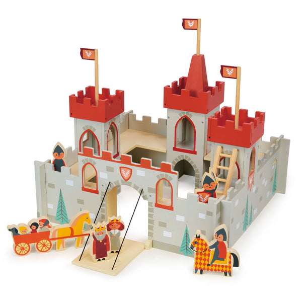 The 3 towered castle with turrets and flags is surrounded by 4 castle walls. It has a drawbridge to allow access into the interior space. An internal wall on 3 sides allows soldiers to see over. Included are 2 soldiers, a soldier on horseback, country folk in a horse and cart, and the king and queen.  Self-assembly required.  Age range: 3 years+ Product size: 17.72 x 21.57 x 15.94’’ Weight: 6.92 Ibs