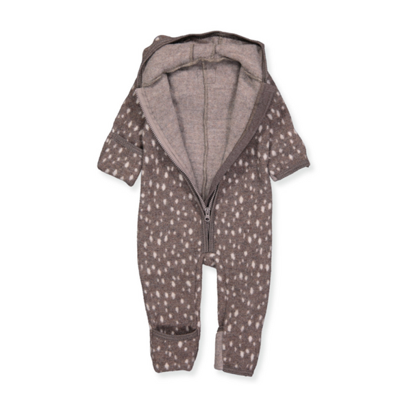 Cozy and comfy, this airy jumpsuit will keep your tiny tot snug and dry. It has fold-over mitts, a convertible footie, and Bambi print. Featuring a hood with ears, a zipper front, and crafted from merino wool, it's perfect for indoor or outdoor wear. Originating in Denmark and made in Poland, it's 100% OEKO-tex certified merino wool. Size chart is as follows: 2-4 months = 56/62, 6-9 months = 68/74.

Ships to Canada and USA duty free