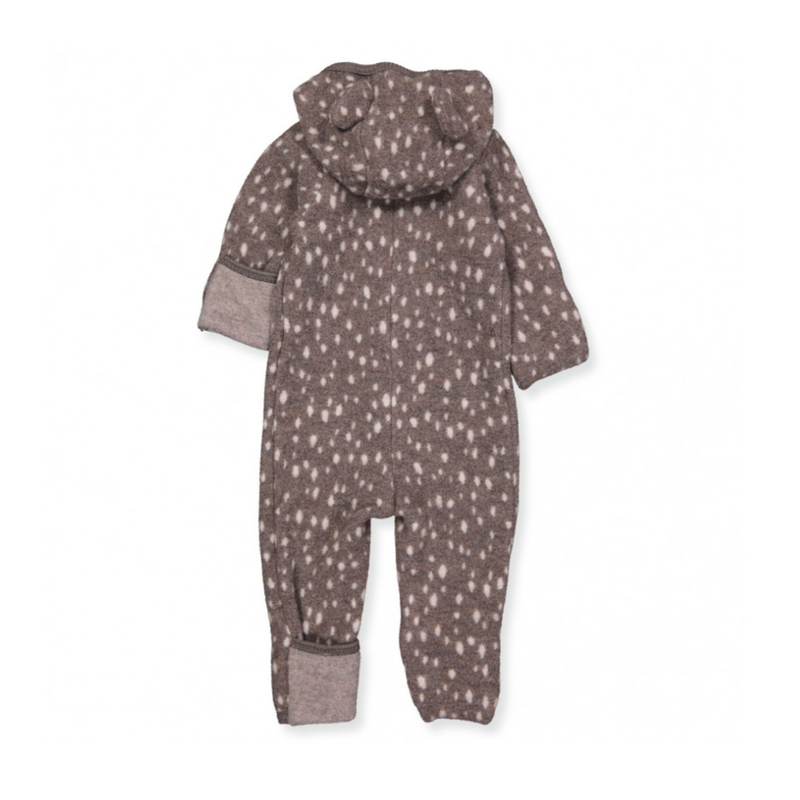 Cozy and comfy, this airy jumpsuit will keep your tiny tot snug and dry. It has fold-over mitts, a convertible footie, and Bambi print. Featuring a hood with ears, a zipper front, and crafted from merino wool, it's perfect for indoor or outdoor wear. Originating in Denmark and made in Poland, it's 100% OEKO-tex certified merino wool. Size chart is as follows: 2-4 months = 56/62, 6-9 months = 68/74.

Ships to Canada and USA duty free