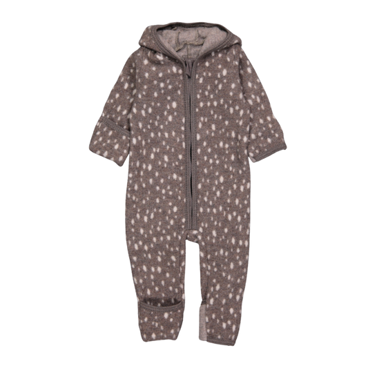 Cozy and comfy, this airy jumpsuit will keep your tiny tot snug and dry. It has fold-over mitts, a convertible footie, and Bambi print. Featuring a hood with ears, a zipper front, and crafted from merino wool, it's perfect for indoor or outdoor wear. Originating in Denmark and made in Poland, it's 100% OEKO-tex certified merino wool. Size chart is as follows: 2-4 months = 56/62, 6-9 months = 68/74.

Ships to Canada and USA duty free