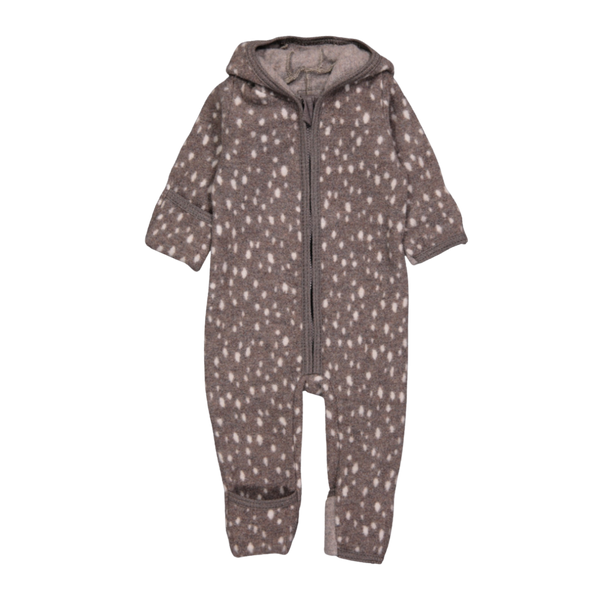 Cozy and comfy, this airy jumpsuit will keep your tiny tot snug and dry. It has fold-over mitts, a convertible footie, and Bambi print. Featuring a hood with ears, a zipper front, and crafted from merino wool, it's perfect for indoor or outdoor wear. Originating in Denmark and made in Poland, it's 100% OEKO-tex certified merino wool. Size chart is as follows: 2-4 months = 56/62, 6-9 months = 68/74.

Ships to Canada and USA duty free