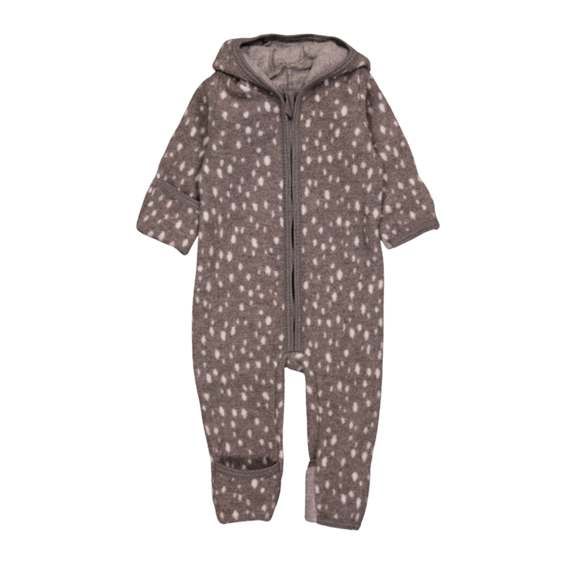 Cozy and comfy, this airy jumpsuit will keep your tiny tot snug and dry. It has fold-over mitts, a convertible footie, and Bambi print. Featuring a hood with ears, a zipper front, and crafted from merino wool, it's perfect for indoor or outdoor wear. Originating in Denmark and made in Poland, it's 100% OEKO-tex certified merino wool. Size chart is as follows: 2-4 months = 56/62, 6-9 months = 68/74.

Ships to Canada and USA duty free