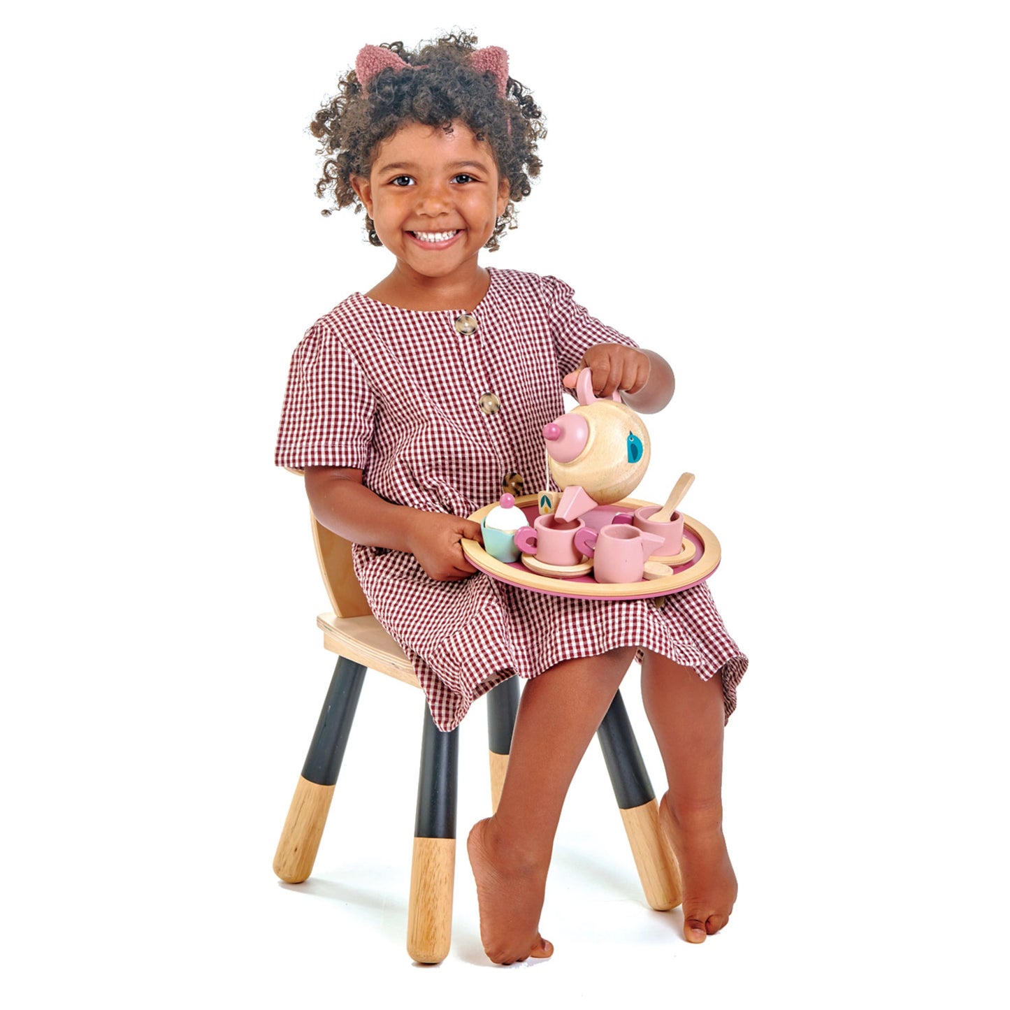 A romantic wooden tea set featuring a pretty bird motif on the saucers and the side of a solid wood teapot. A pretty cupcake and tea bag, 2 cups and saucers and 2 teaspoons, as well as a milk jug. All presented on a round tray. Age range: 3 Years And Older. Ships to Canada and United States of America Duty Free