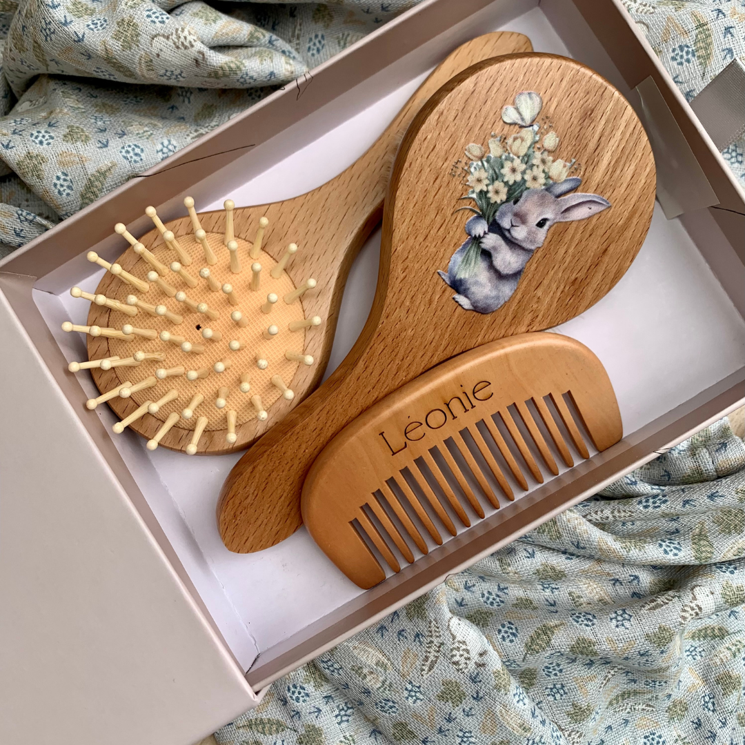 Baby Brush Set for gift baskets. Beech wood and 100% natural goat hair. Baby Bath Brush. Ships to Canada & US Duty Free