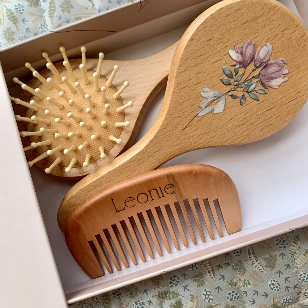 Baby Brush Set for gift baskets. Beech wood and 100% natural goat hair.