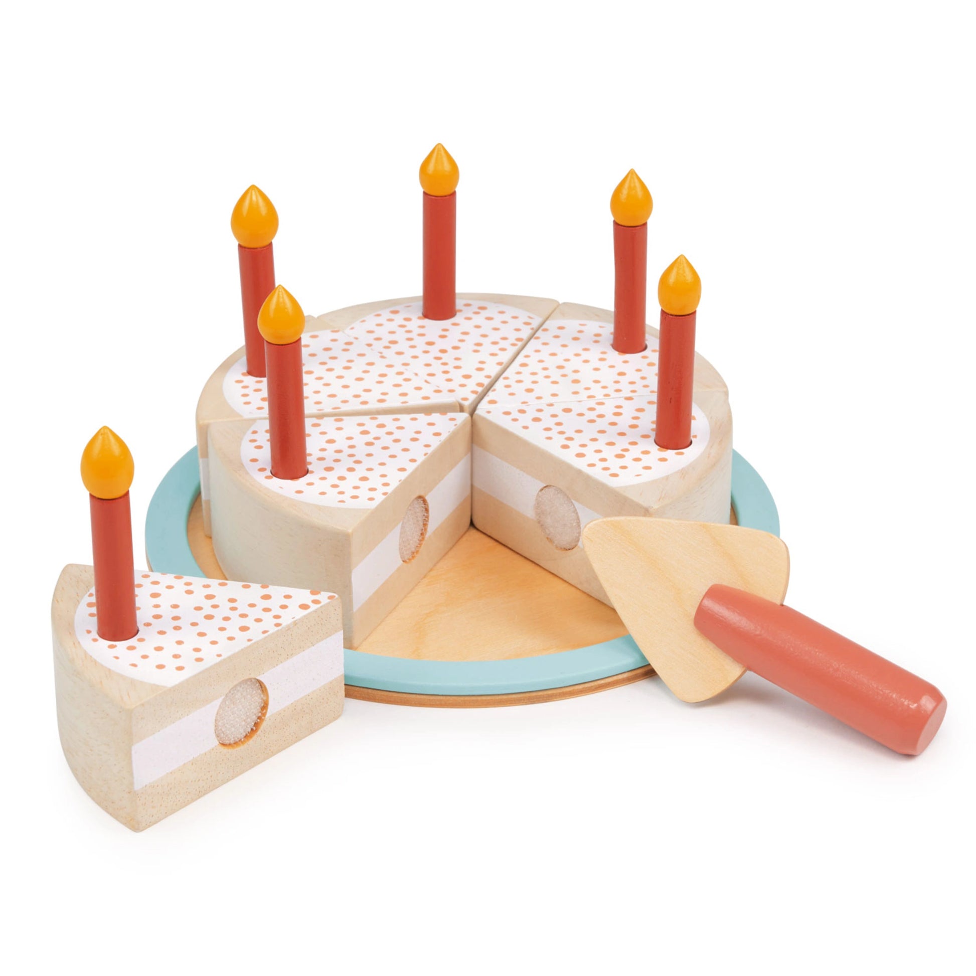 This wooden cake toy set includes a 6-piece, sliceable cake with velcro, 6 pretend candles, a tray and a toy cake slicer.