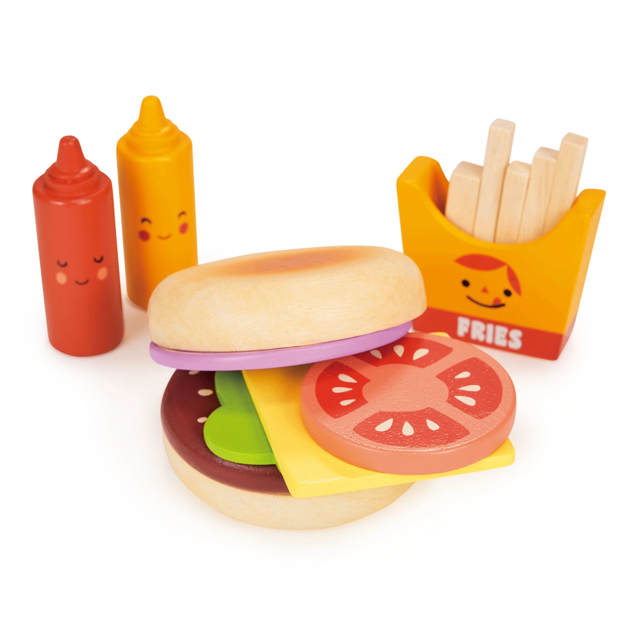 This wooden play food burger set is made of different parts to constructing your own burger sandwich, comes complete with a pretend burger, meat, cheese slice, tomato, onion ring, and lettuce. 5 separate chips in a wooden holder. Tomato and mustard sauce bottles.  Age range: 3 years+ Product size: 7.48 x 3.54 x 2.44’’ Weight: 0.37 Ibs