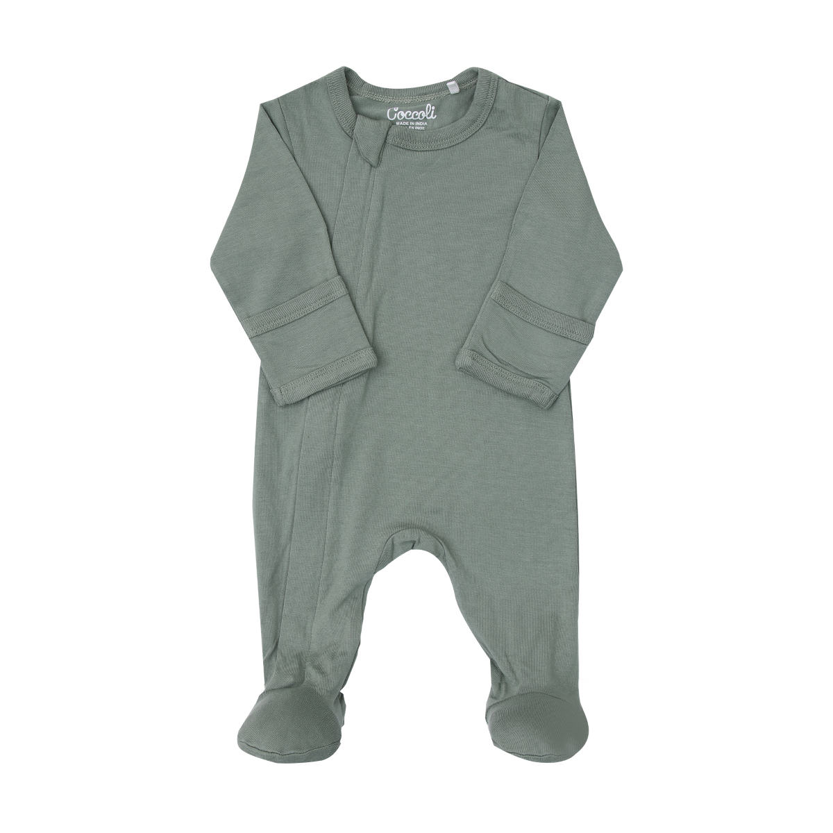 Unisex Modal Zipper Footie in Lily Green Mitten cuffs on size N and 1M, regular cuffs on all other sizes Hidden 2-way zipper with inner placket to protect baby's skin Ethically made in India 48%Cotton/48%Modal/4%Spandex-Knit