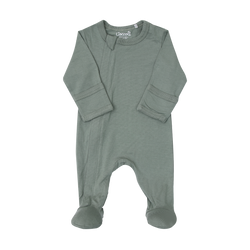 Unisex Modal Zipper Footie in Lily Green Mitten cuffs on size N and 1M, regular cuffs on all other sizes Hidden 2-way zipper with inner placket to protect baby's skin Ethically made in India 48%Cotton/48%Modal/4%Spandex-Knit